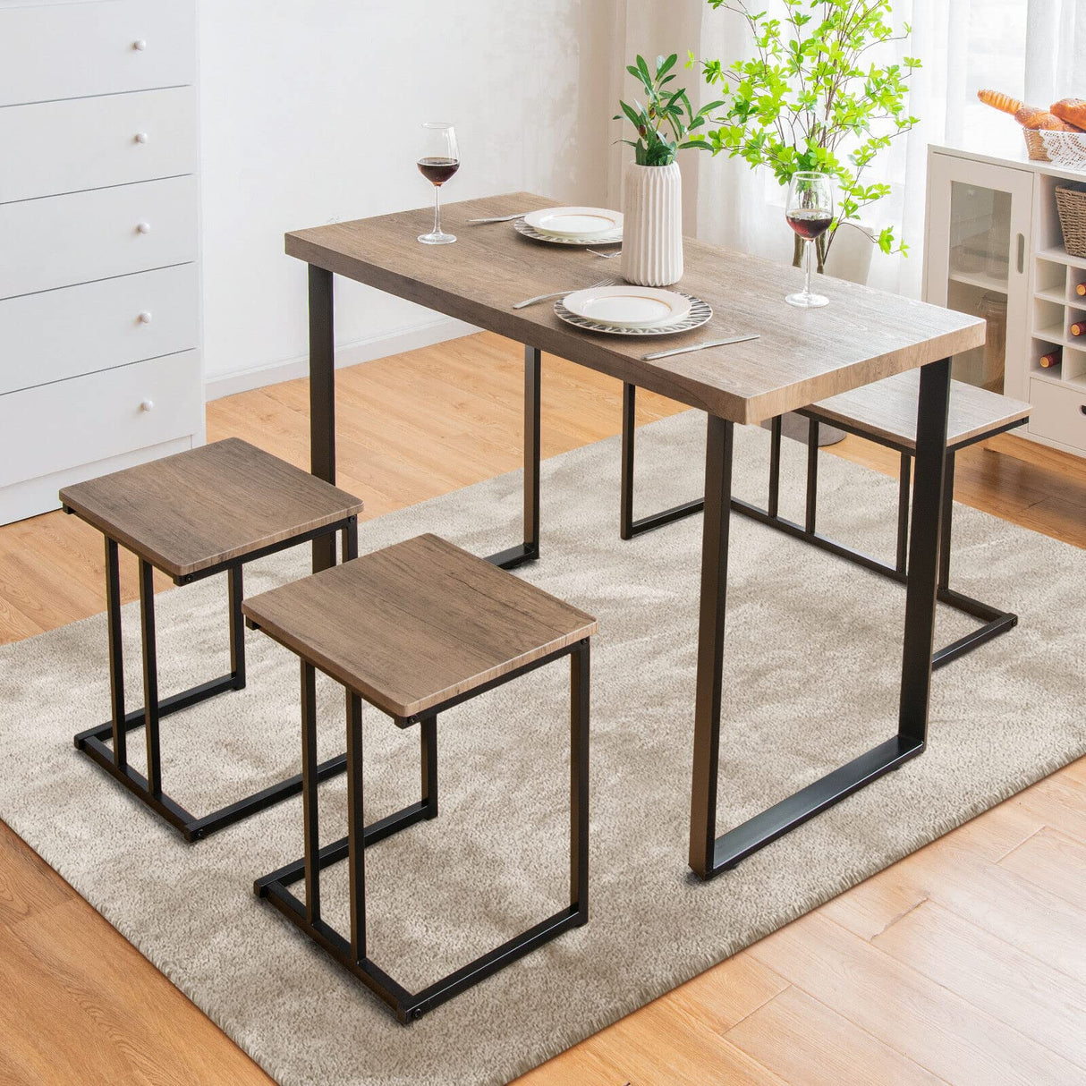 4 Piece Dining Table Set, Modern Kitchen Counter Height Table Set for 4 with Bench & Stools, Sturdy Iron Structure, Space-Saving Furniture Set for Home Pub Breakfast Nook, Oak Grey