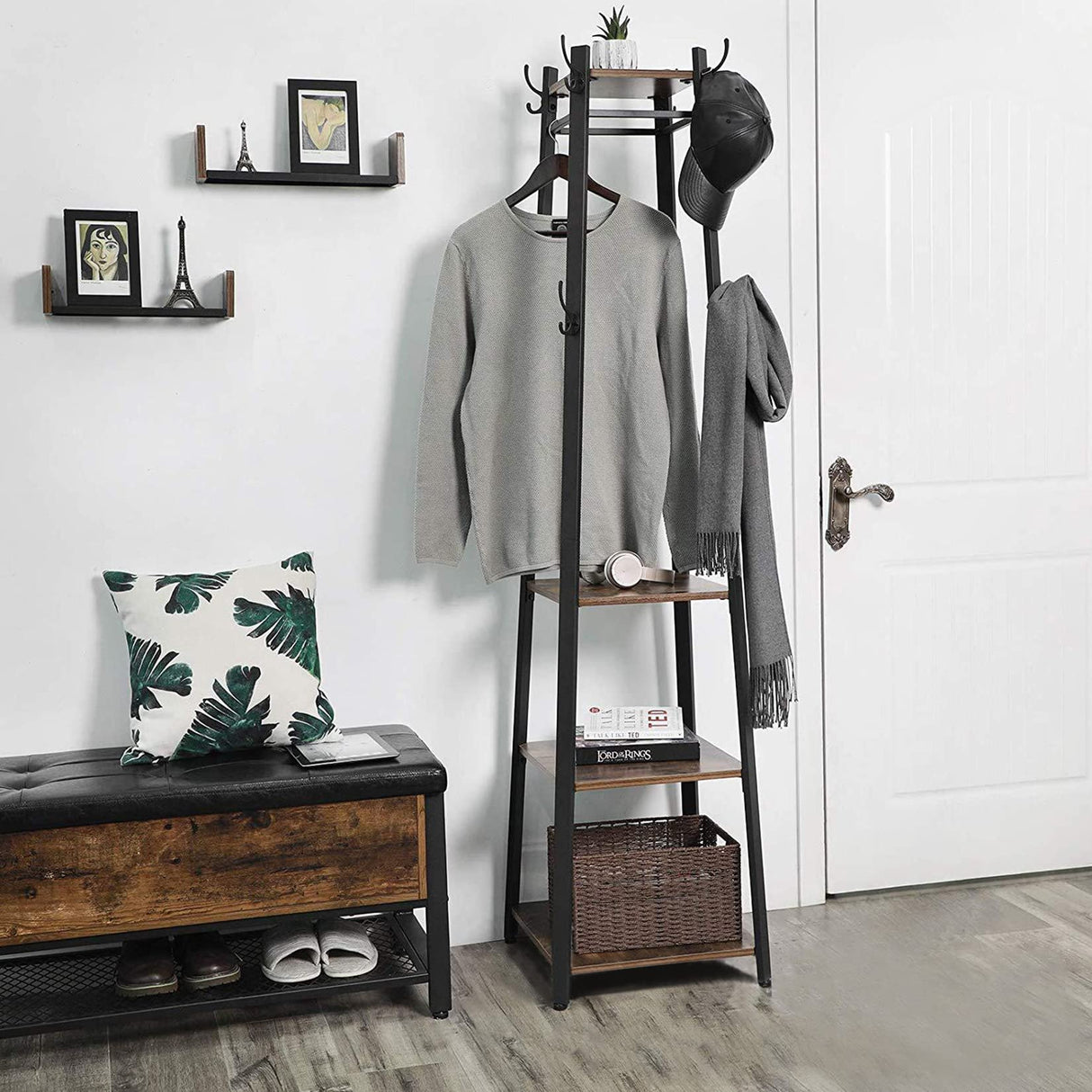 Coat Rack Stand Industrial, Metal Coat Hanger Stand Free Standing Coat Stand with 4 Shelves Garment Rack with Clothing Rail Metal Frame 8 Hooks for Clothes Hats Handbags