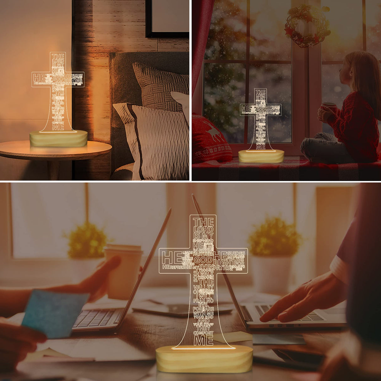 Jesus Cross 3D Night Light Desk Table Lamps,Warm Colors LED Wooden Lighting for Holiday Gifts