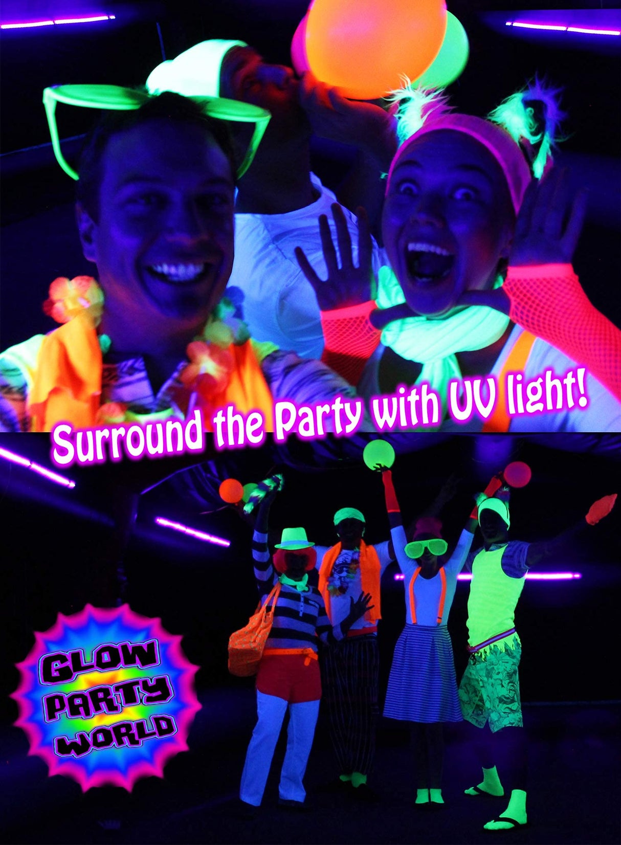 Black Lights for Glow Party! 115W Blacklight LED Strip kit. 4 UV Lights to Surround Your neon Party. Ultraviolet Lighting for Big Rooms. Easy Set up! Glow in The Dark Party Supplies. Halloween Decor