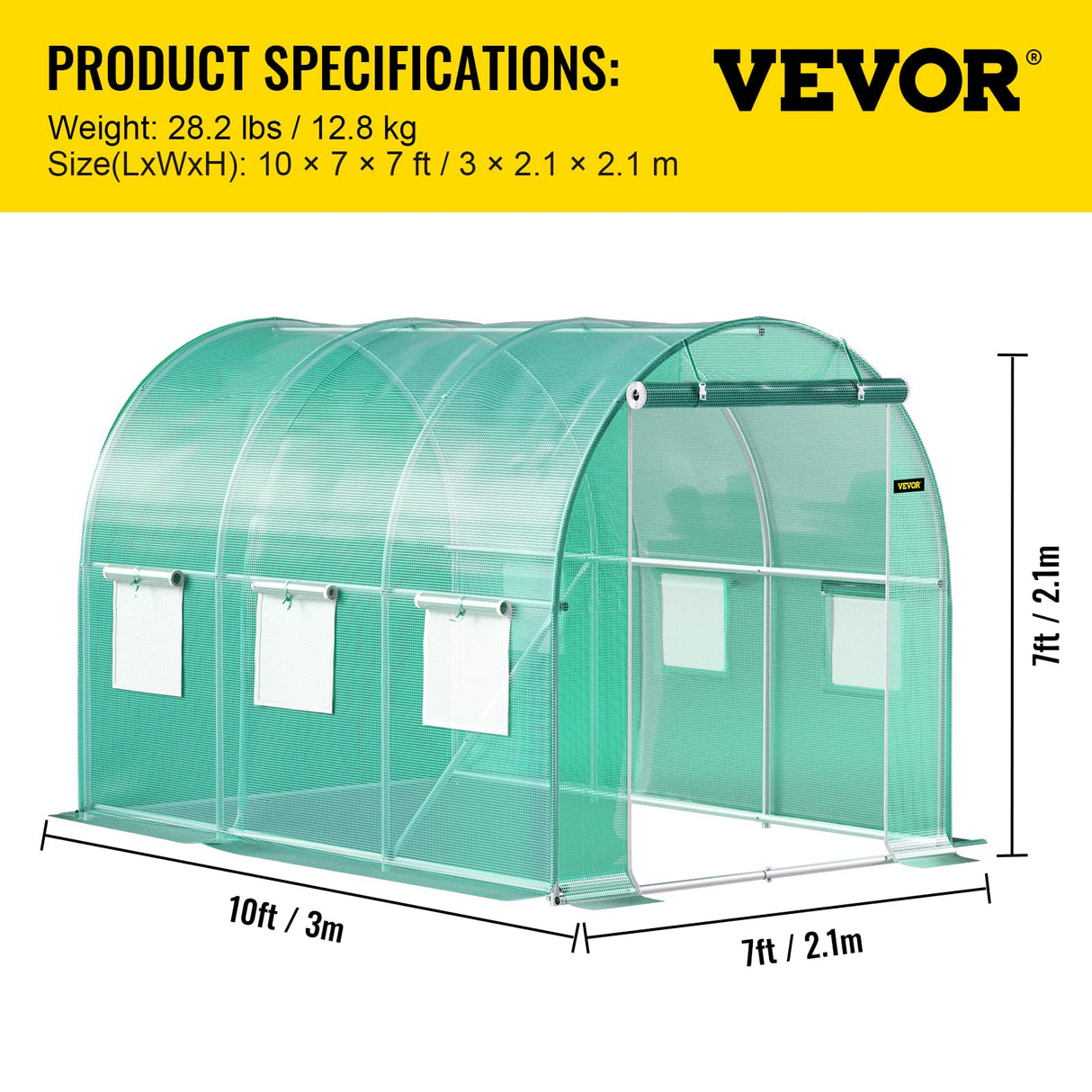 Walk-in Tunnel Greenhouse, 3 x 2.1 x 2.1 m, Portable Plant Hot House with Galvanised Steel Frame, 1 Top Bar, Diagonal Poles, Zipper Door and 6 Roll-Up Windows, Green