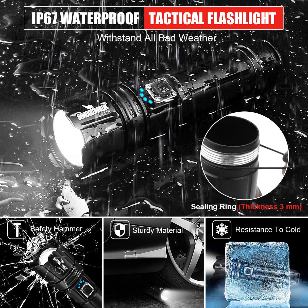 LED Torch Rechargeable Flashlight with High Lumens, Shadowhawk 10000 Lumen XHP70.2 Super Bright Torch, High Powered Torches, Powerful Handheld Tactical Flashlight for Emergency Camping Hiking Gift