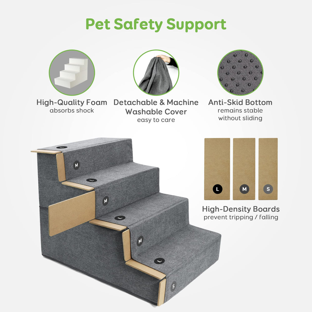 Dog Stairs & Steps for Small Dogs Cats Holds up to 25kg, Pawque Pet Steps for High Bed Couch, Shock Absorbing Foam with High-Strength Boards for Pet Safe, Non-Slip Removable Washable Cover, 4 Step-Grey ( 45cm High)