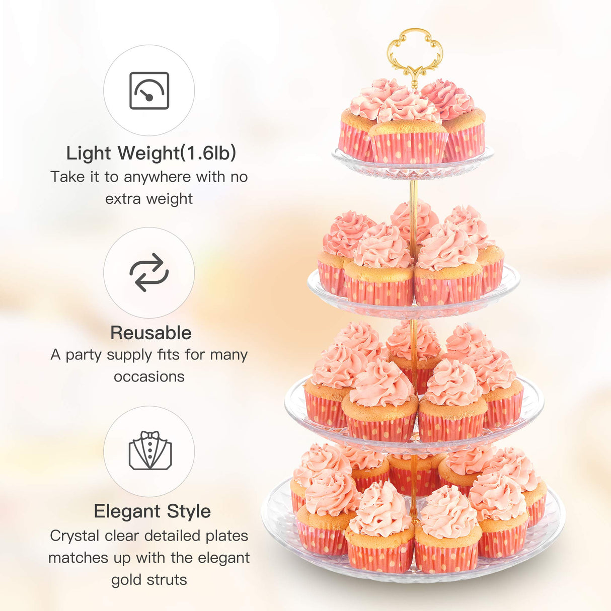 4-Tier Cupcake Stand Elegant Plastic Pastry Serving Platter Metal Struts Stable Dessert Tower Display Rack for Wedding Birthday Tea Party Baby Shower Ceremony (4 Tier Gold)