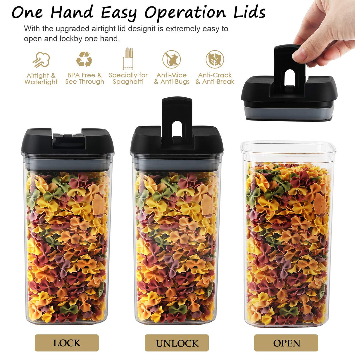 Airtight Food Storage Container Set，7 Pieces BPA Free Plastic Kitchen Organization and Storage with Easy Lock Black Lids Labels/Spoons/Pen，for Dry Food, Flour, Sugar, Pasta, Cereal