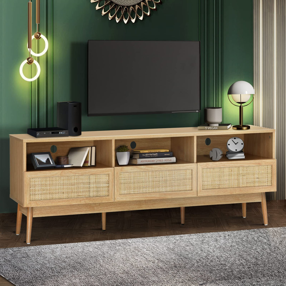 Oikiture TV Unit Stands Cabinets Entertainment Armoires Mount Stands Furniture 160cm with Drawers Storage Rattan Door Drawers Wooden