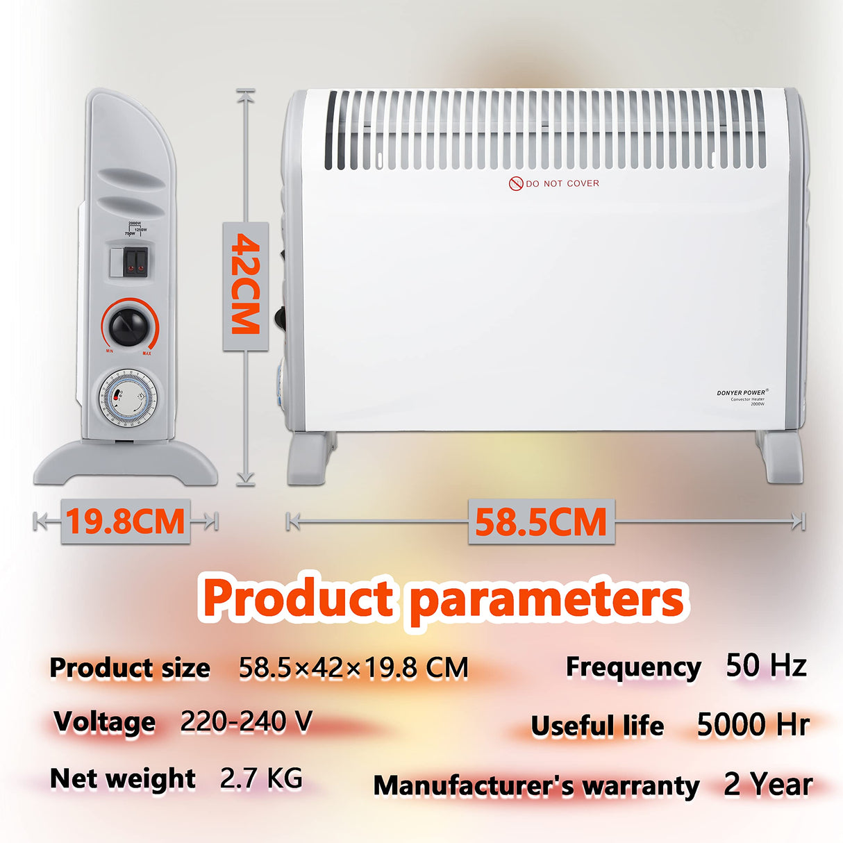 Convector Radiator Heater with Adjustable Thermostat 3 Heat Settings (750/1250/2000W) 24H Timer Space Heating Oil-Free