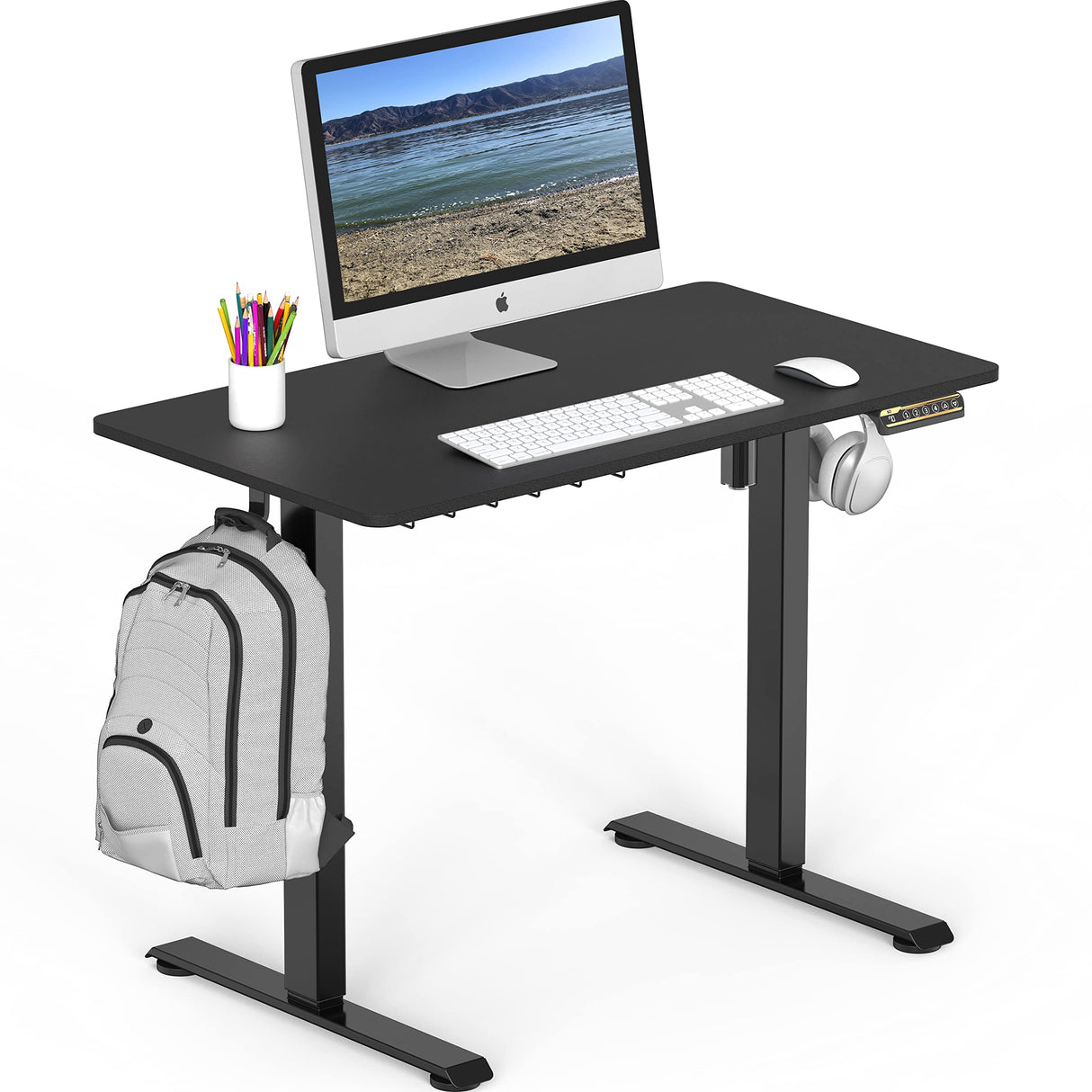 SHW Small Electric Height Adjustable Sit Stand Desk with Hanging Hooks and Cable Management, 40 x 22 Inches, Black Frame and Black Top