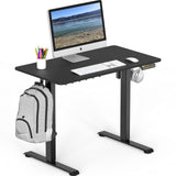 SHW Small Electric Height Adjustable Sit Stand Desk with Hanging Hooks and Cable Management, 40 x 22 Inches, Black Frame and Black Top