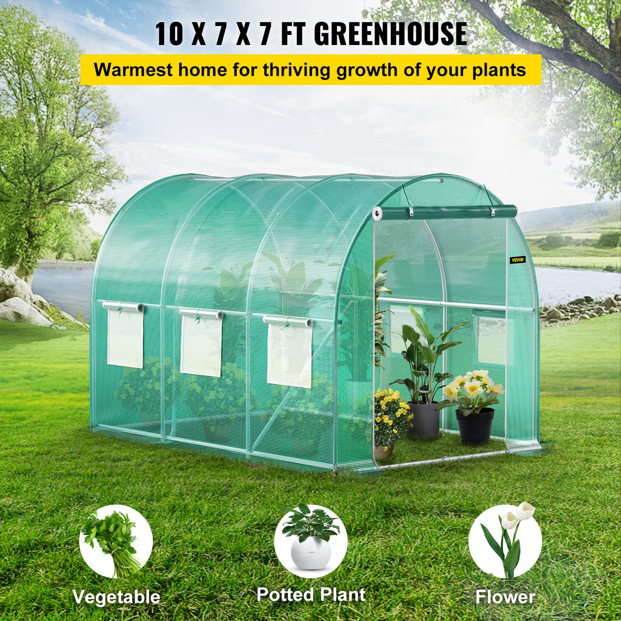 Walk-in Tunnel Greenhouse, 3 x 2.1 x 2.1 m, Portable Plant Hot House with Galvanised Steel Frame, 1 Top Bar, Diagonal Poles, Zipper Door and 6 Roll-Up Windows, Green