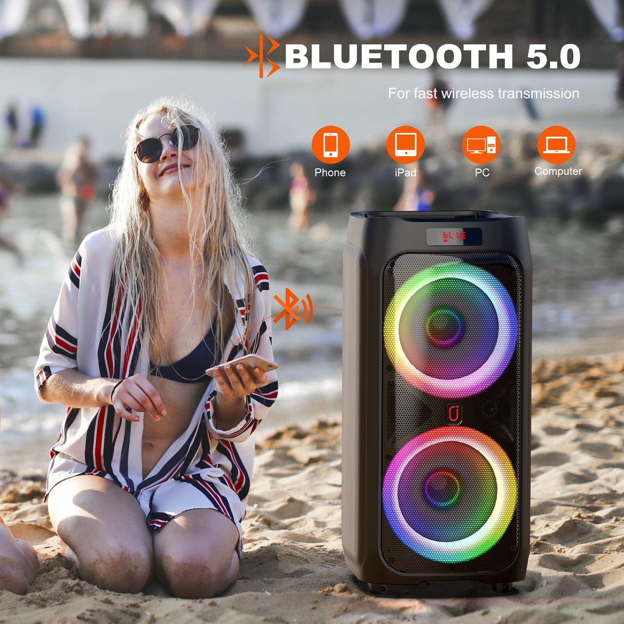 Karaoke Machine with 2 Wireless Microphones for Adults, 8" Subwoofer Big Bluetooth Speaker with 500W Peak Power,PA System with DJ Light, Rolling Wheels and Trolley, Perfect for Outdoor Party