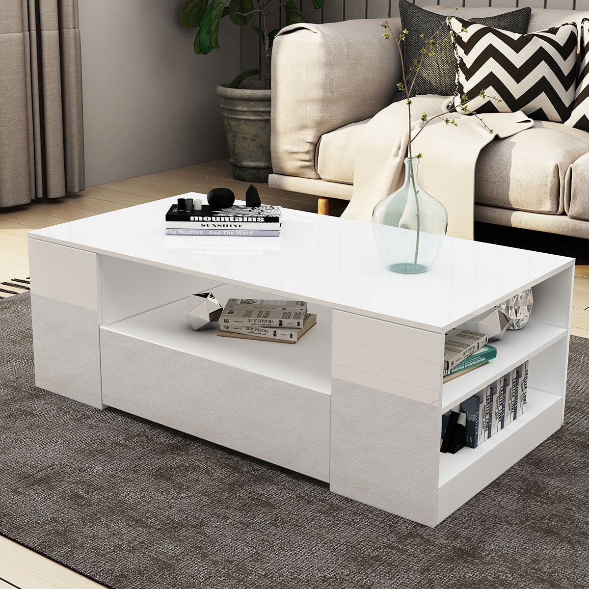 Luxsuite Coffee Table Wood 2 Drawers Cabinet Storage Shelf High Gloss Living Room Modern Furniture White 95CM