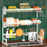 Adjustable Dish Drying Rack Over Sink (33"-45") 3 Tier, 2 Cutlery Holders Large Drainer for Kitchen Storage Counter Organization, Stainless Steel Dish Rack Display (Sink Size≤44inch, White)