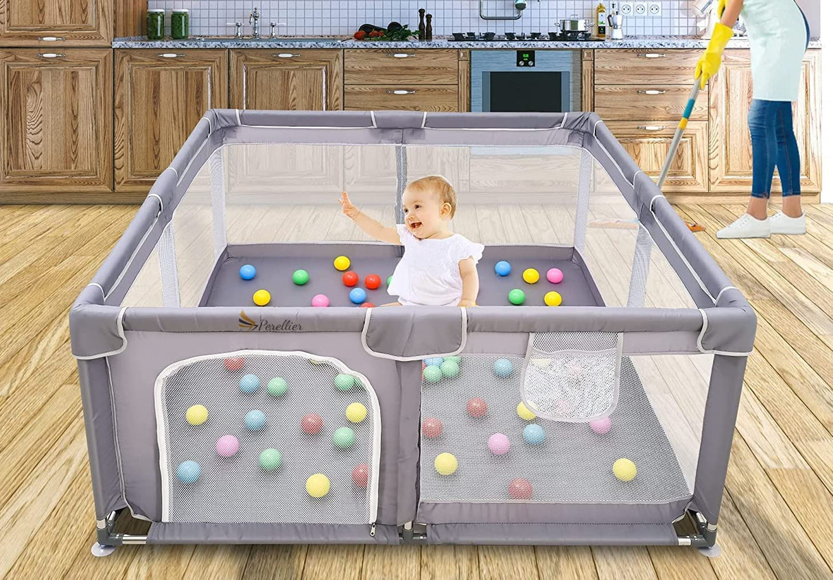 Perellier Playpen with Pit Balls, Folding Playmat and storage bag, large 2m x 1.8m floor area with 65cm walls. Sturdy construction, zippered door and oxford fabric mesh panels so you can keep an eye on every part of the Playpen and will allow children to