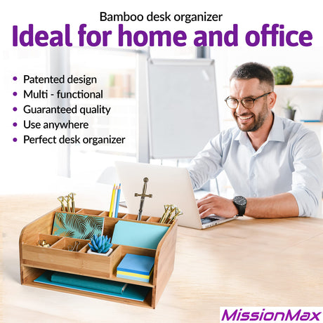 Bamboo Wood Desk Organizer with File Organizer for Office Supplies Storage & Desk Accessories. Perfect Office Decor combo for Desk Organization, Office Desks, Home Office and more by MissionMax