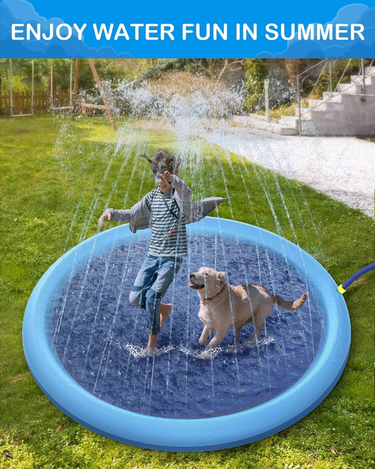 Non-Slip Splash Pad for Kids and Dog,Sprinkler & Splash Play Mat,Dog Pool Summer Outdoor Water Toys Backyard Durable Splash Pad for Toddlers Kids Small Medium Large Dogs Pets-Blue