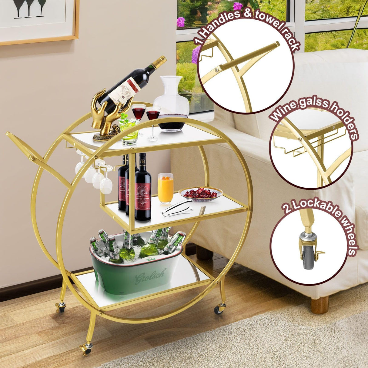 Round Bar Cart Glass Home Bar Serving Cart Drinks Wine Kitchen Serving Trolley with 3 Mirror Shelves & Glass Holder Gold