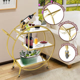 Round Bar Cart Glass Home Bar Serving Cart Drinks Wine Kitchen Serving Trolley with 3 Mirror Shelves & Glass Holder Gold