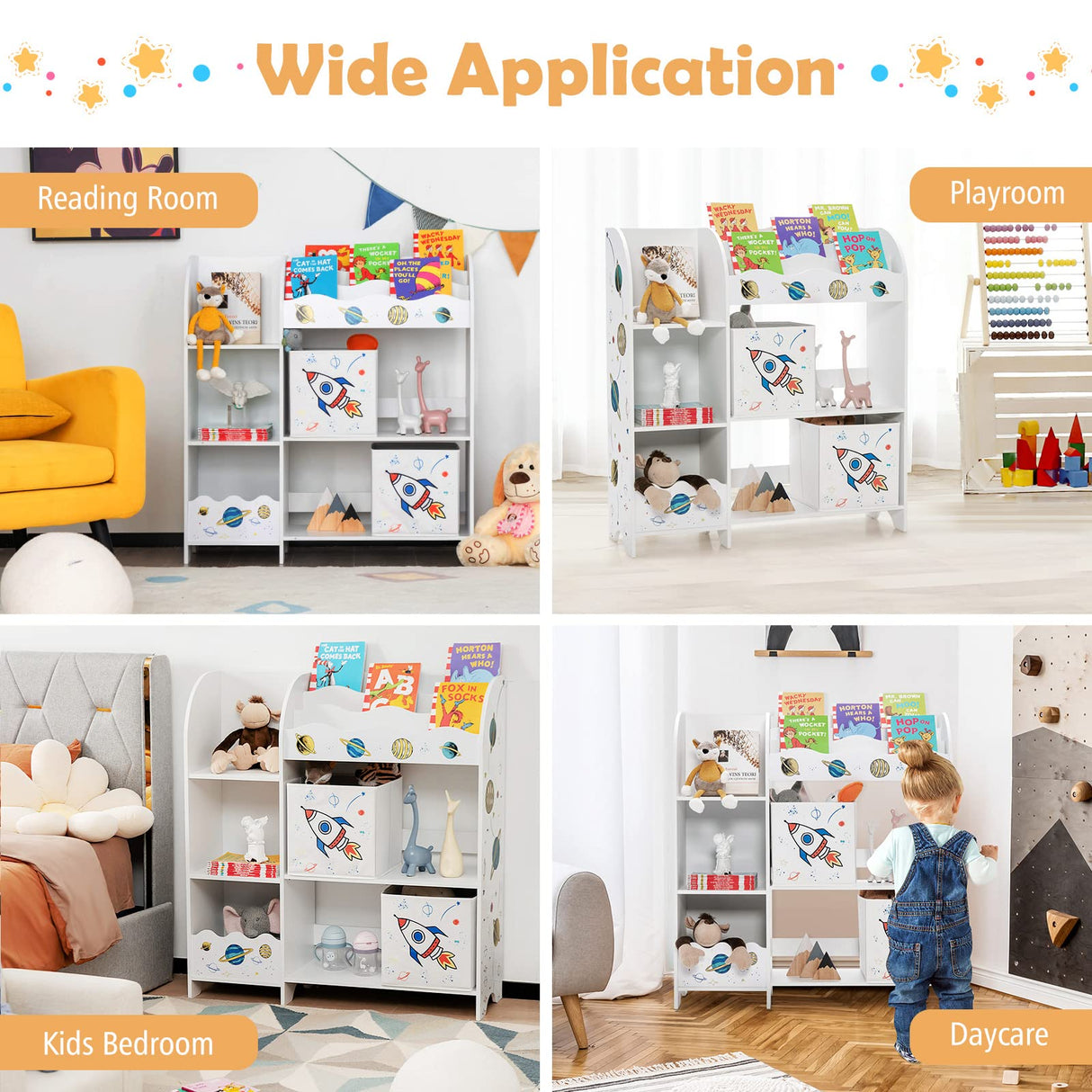 Kids Bookshelf, Wooden Children Storage Display Cabinet Bookcase w/ 5 Open Shelves, 2 Storage Boxes and 3 Slots, Kids Toy and Book Organizer for Playroom, Children’s Room