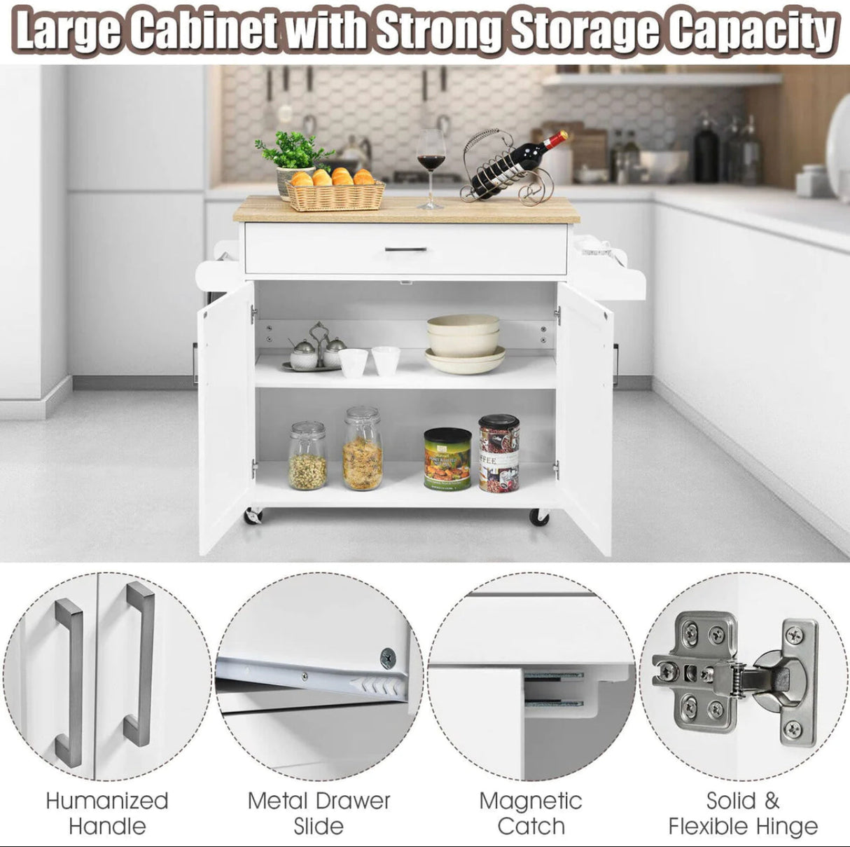 Kitchen Island Trolley Cart Storage Cabinet w/ Towel & Spice Rack Drawer