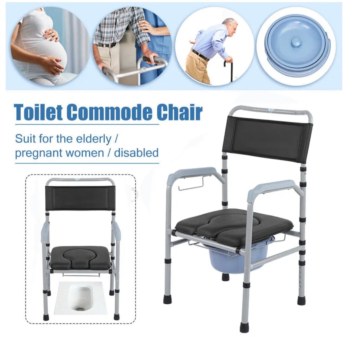 Adjustable Foldable Shower Toilet Bedside Commode Chair Toilet Aid Stool w/Potty