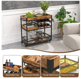 3-Tier Rolling Bar Cart with Removable Tray, Wine Rack & Glass Holder