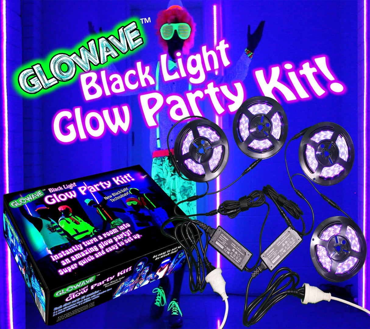 Black Lights for Glow Party! 115W Blacklight LED Strip kit. 4 UV Lights to Surround Your neon Party. Ultraviolet Lighting for Big Rooms. Easy Set up! Glow in The Dark Party Supplies. Halloween Decor