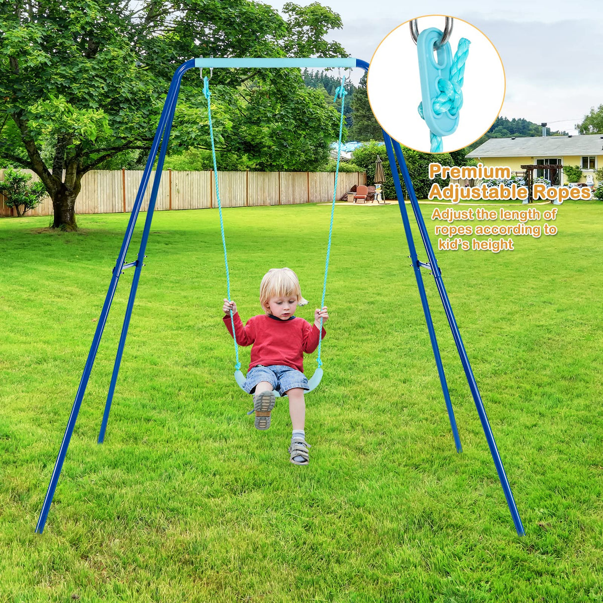 Kids Swing Set, A-Frame Swing Sets for Backyard w/Ground Stakes, Non-Slip Seat, Kids Swing Frame Stand with Swing Seat Great for Indoor Outdoor Garden Playground (Blue)