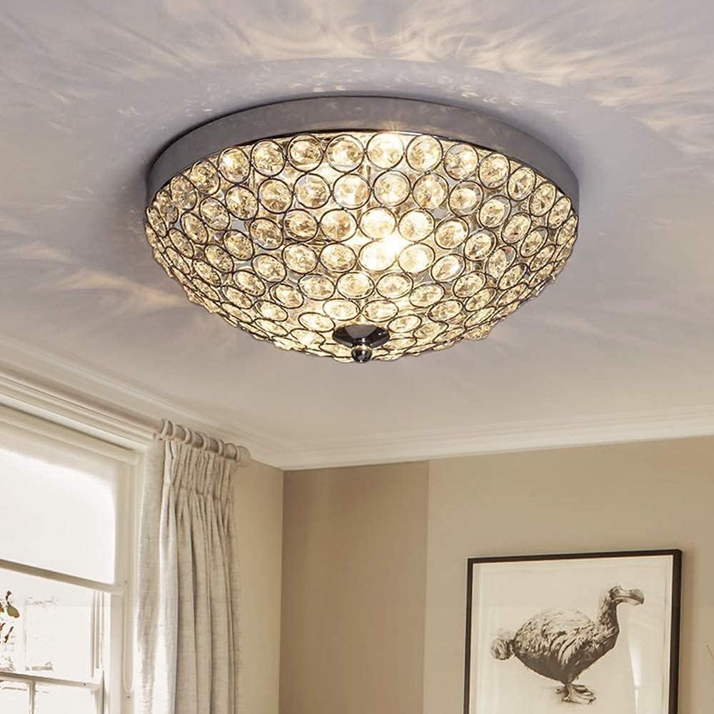 Modern Flush Mount Crystal Ceiling Light, 2-Light Ceiling Lamp Close to Ceiling Light Fixtures for Bedroom, Entryway, Foyer, Hallway, Dining Room, Chrome Finish Bowl Shape Shade E14 Base