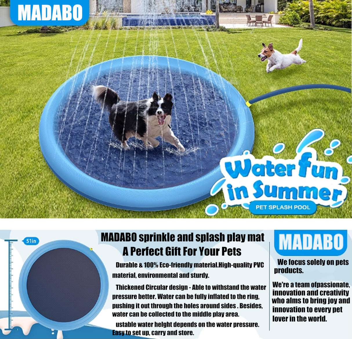 Non-Slip Splash Pad for Kids and Dog,Sprinkler & Splash Play Mat,Dog Pool Summer Outdoor Water Toys Backyard Durable Splash Pad for Toddlers Kids Small Medium Large Dogs Pets-Blue