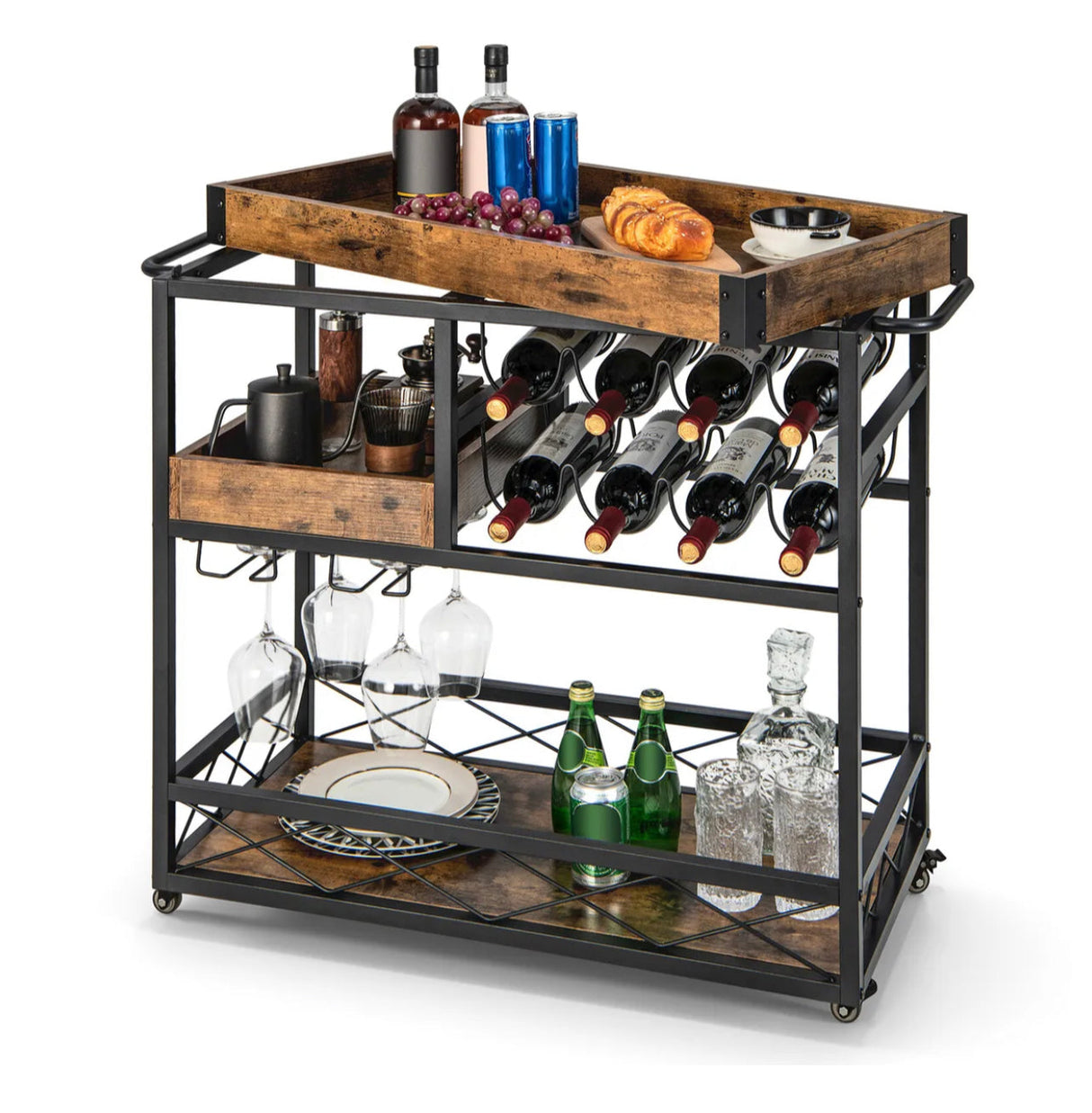 3-Tier Rolling Bar Cart with Removable Tray, Wine Rack & Glass Holder