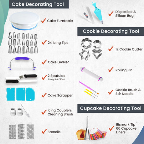 150PCs Cake Decorating Supplies Kit - 3in1 Cupcake, Cookie & Cake Decorating Tools, Cake Turntable for Decorating with Piping Bags and Tips Set, Leveler, Baking Supplies Tools, Booklet & Much More