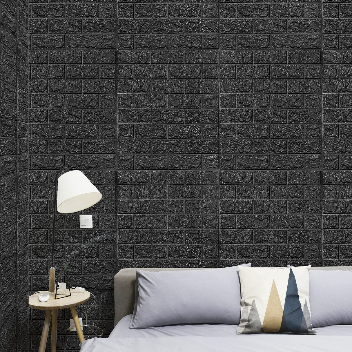 10 Pcs 3D Brick Wallpaper in Black, Faux Foam Brick Wall Panels Peel and Stick, Waterproof for Bedroom, Living Room, 42x32 cm