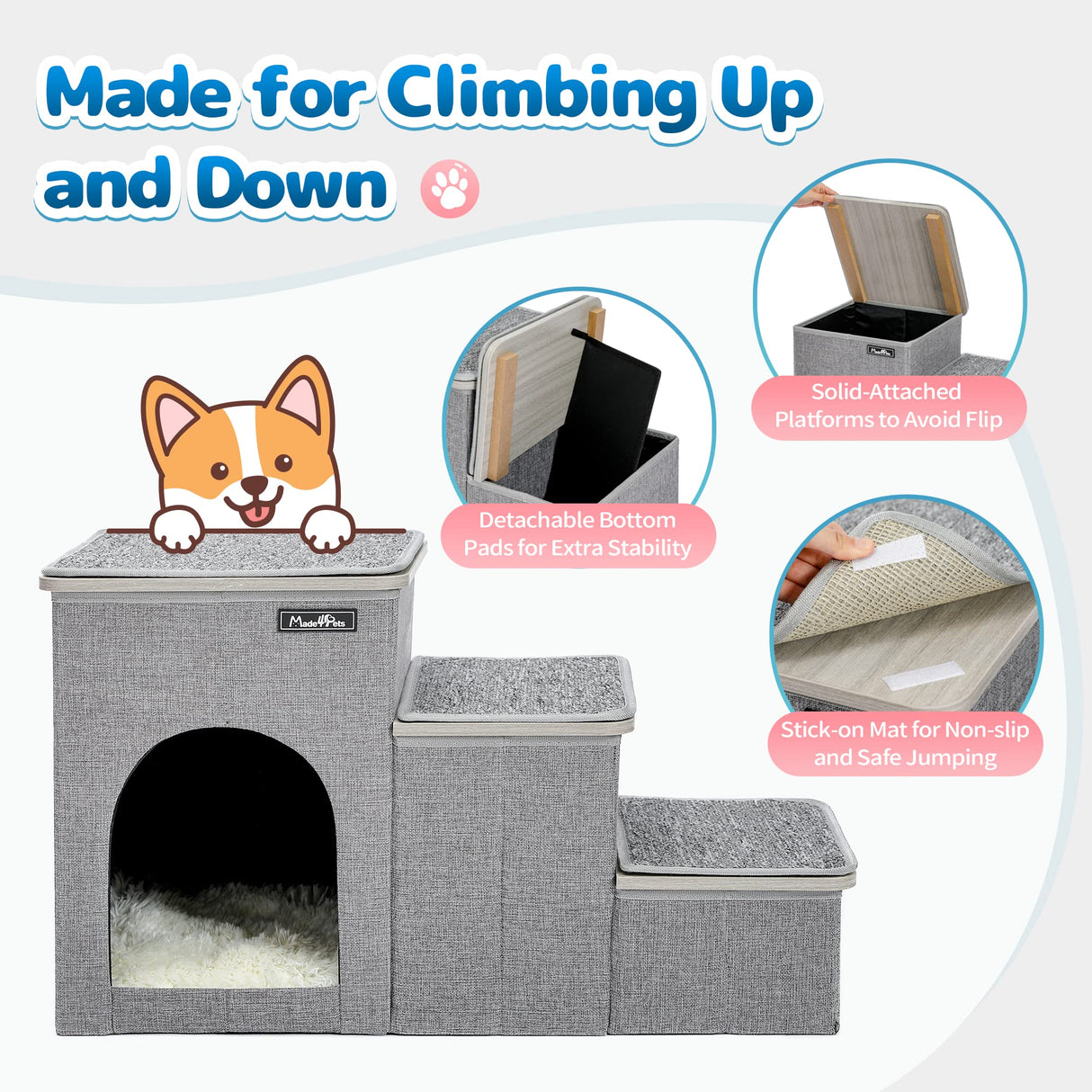 Dog Stairs for High Beds, Small Dogs Pet Steps Stool to Get on Bed, Cat Stairs Ladder, Puppy Toy Storage Folding Doggie Ramp for Couch, Car, Home, 3 Step