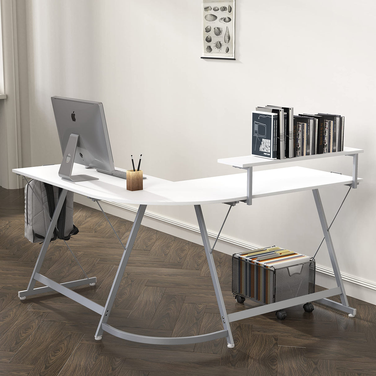 Gaming L-Shaped Computer Desk with Monitor Stand, White