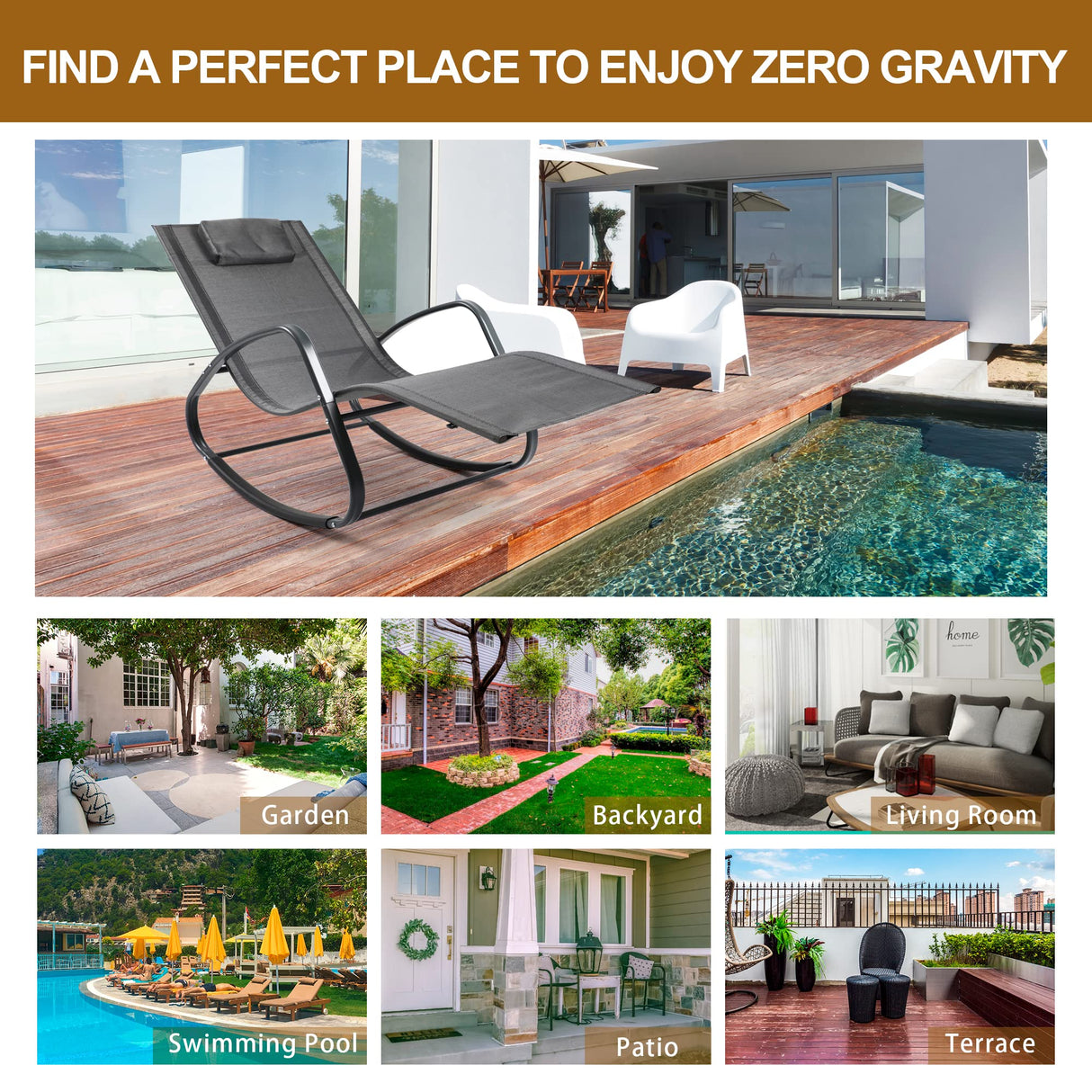 Zero Gravity Chairs Living Room Lounge Chairs for Outside Beach Outdoor Patio Recliner Rocking Chair with Adjustable Pillow Headrest for Yard Pool and Lawn