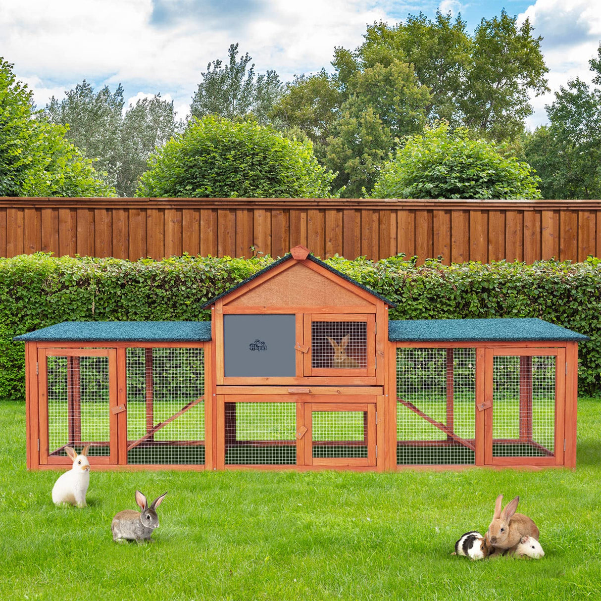 Rabbit Hutch, 210 x 45 x 85cm Chicken Coop with Wooden Frame Outdoor Pet Hutch