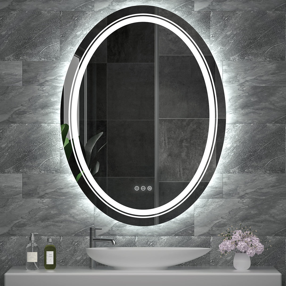 LED Lighted Bathroom Mirror, 600 X 800 mm Frontlit and Backlit Mirror Bathroom Vanity Mirror Oval Demister Bathroom Mirror Wall Mounted Makeup Mirror with Defogger and Dimmer