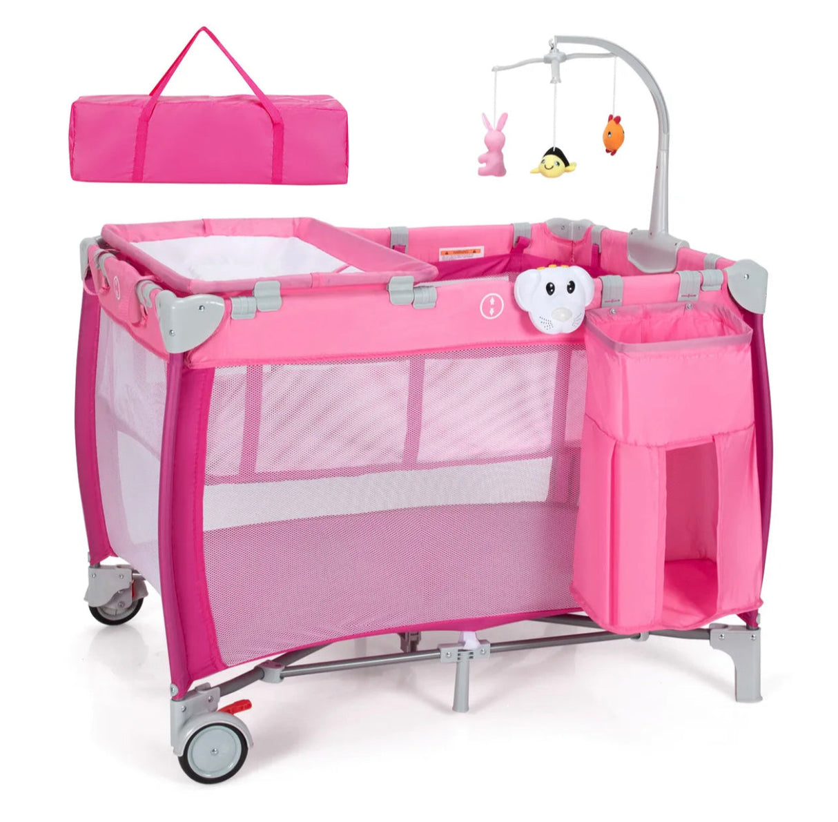 Baby Travel Cot Bassinet 3-in-1 Portable Infant Crib Playpen w/ Mattress Pink