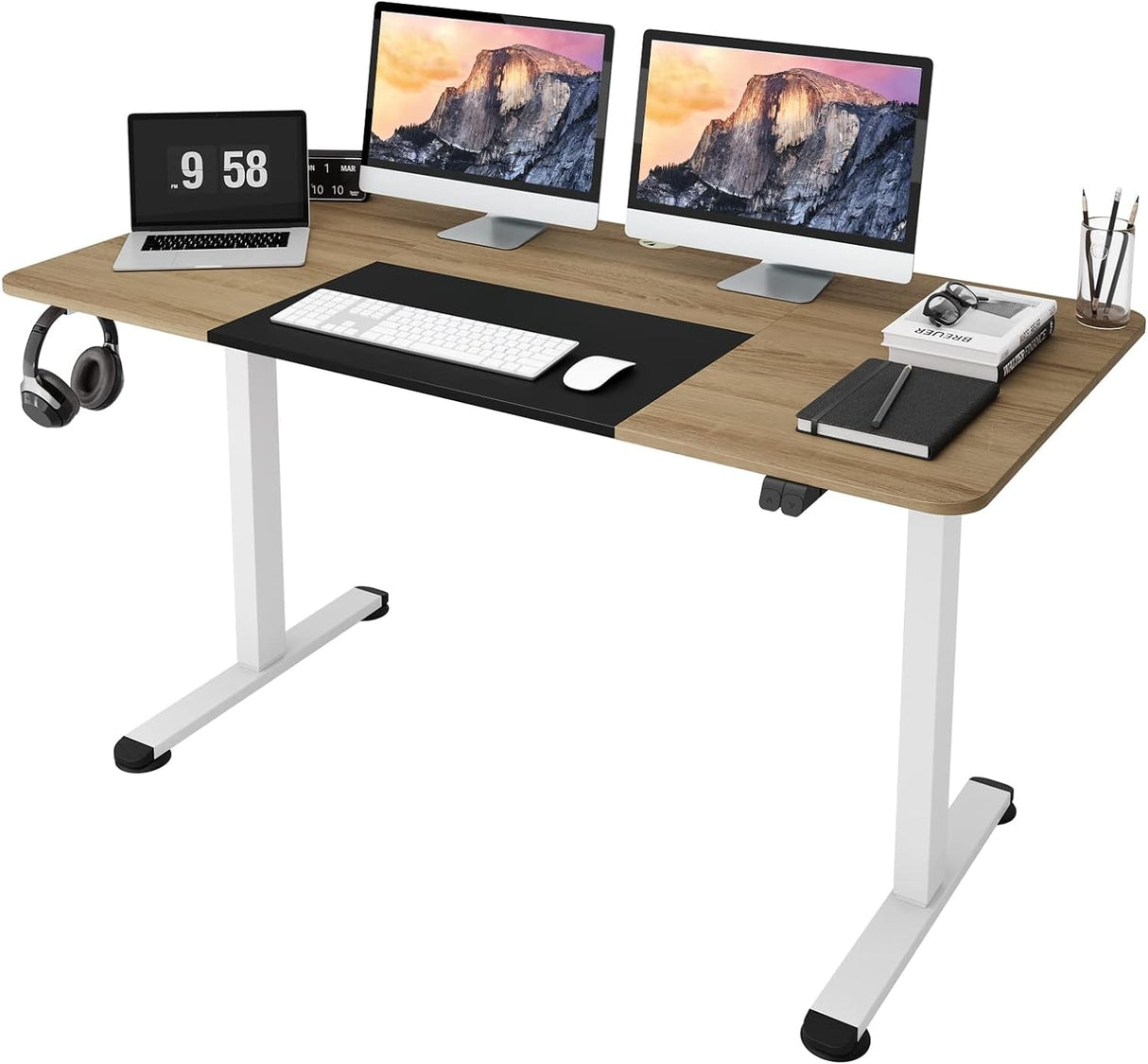 140 x 70cm Large Electric Standing Desk, Height Adjustable Sit to Stand Desk, Metal Frame & Powerful Motor, Button Controller, Headphone Hook, Ergonomic Standing Workstation