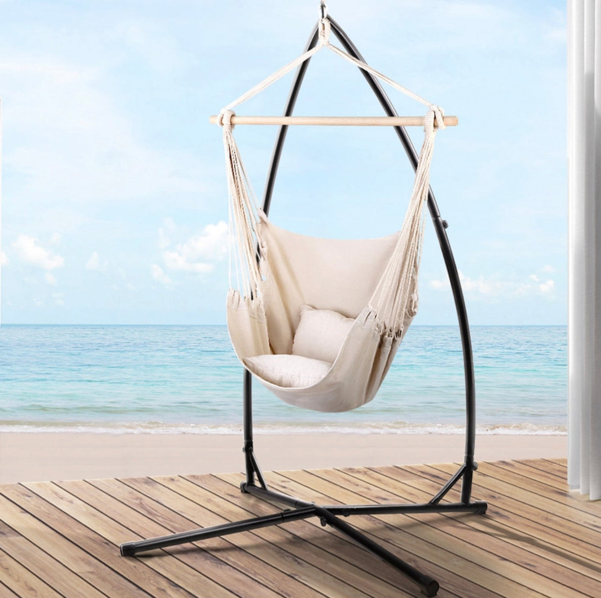 Gardeon Hammock Chair with Steel Stand Hanging Bed Outdoor Tassel Cream