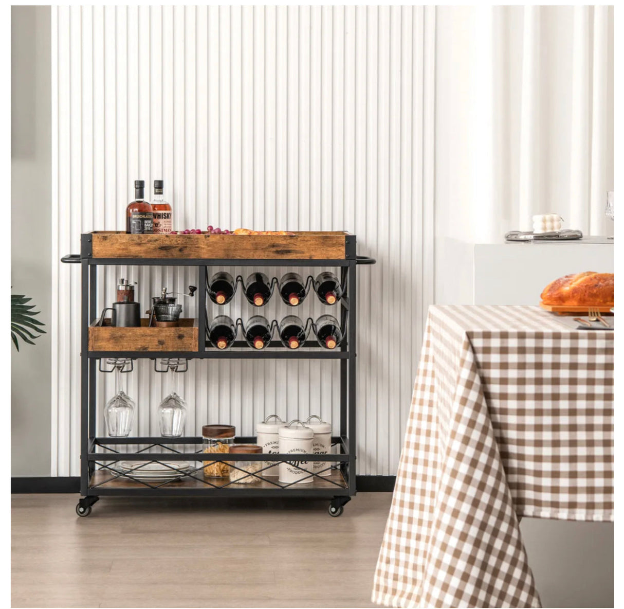 3-Tier Rolling Bar Cart with Removable Tray, Wine Rack & Glass Holder