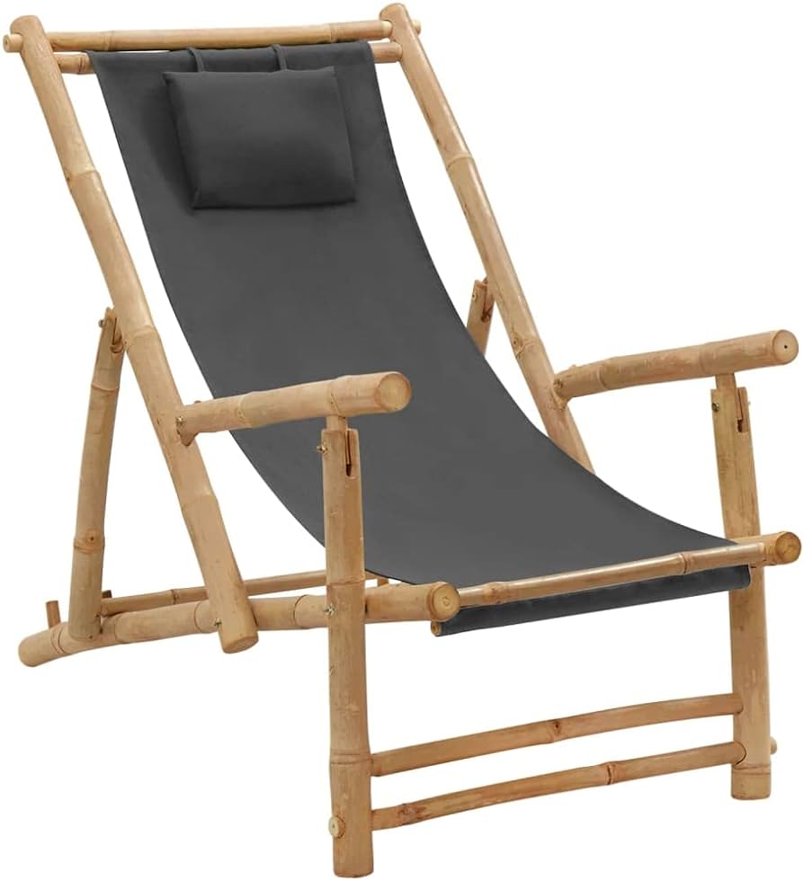 Deck Chair - Adjustable and Foldable Bamboo Garden Chair with Canvas Fabric, Dark Grey, Ideal for Patio/Garden/Terrace