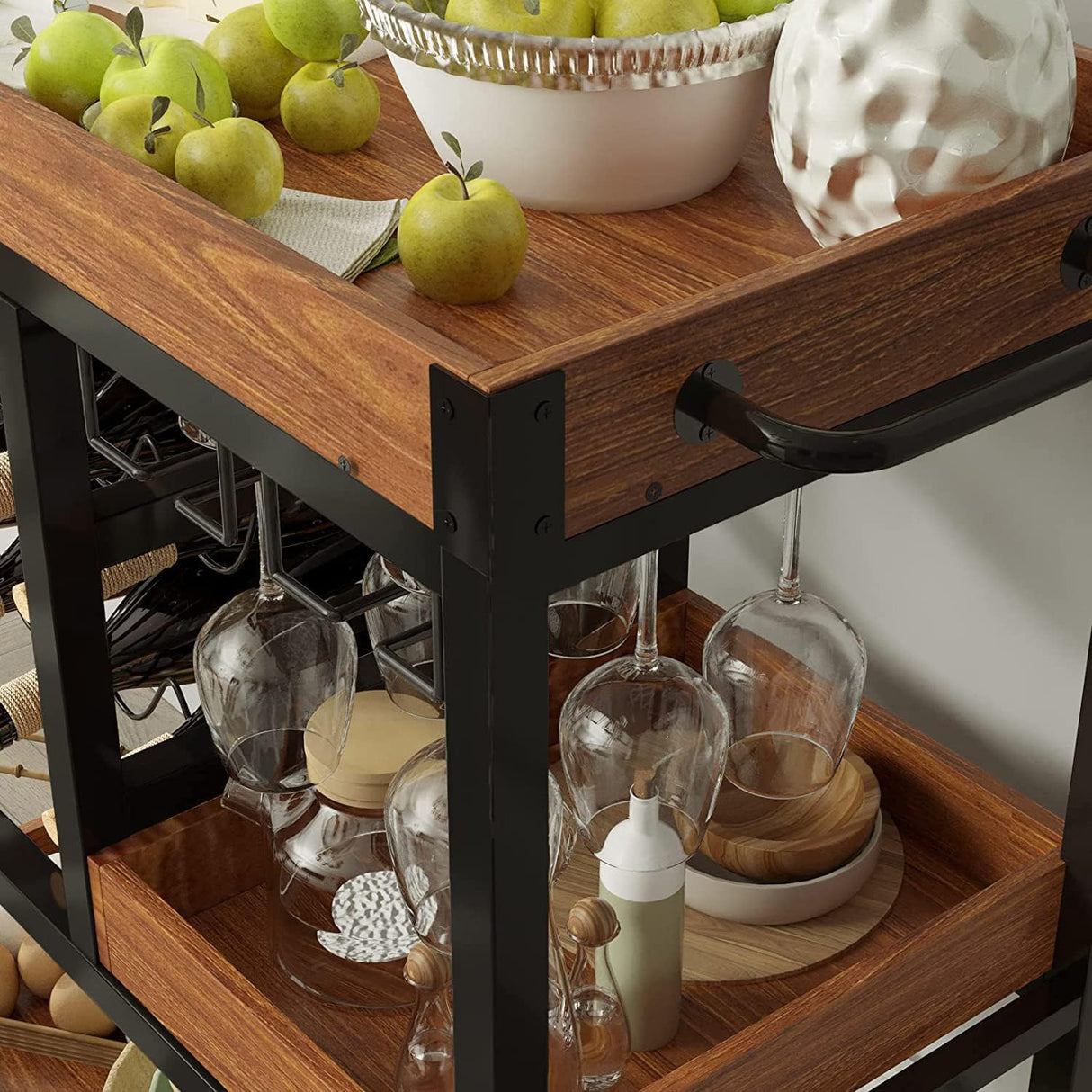 Bar Carts for Home, Bar Serving Cart with 12 Bottle Wine Rack and Wine Glasses Holder, Rustic Rolling Bar Cart with Removable Shelves for Home