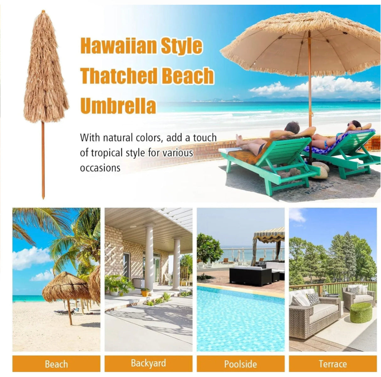 Thatched Tiki Umbrella Hawaiian Style Beach Umbrella W/8