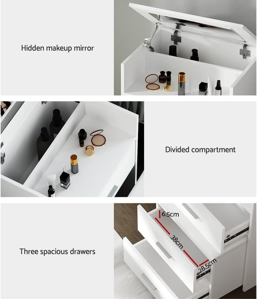 Dressing Table Mirror Foldable Makeup Space with Stool Drawers Vanity Desk, Bedside Home Bedroom Furniture White Girls Kids Women Organisers, 2-in-1 Use