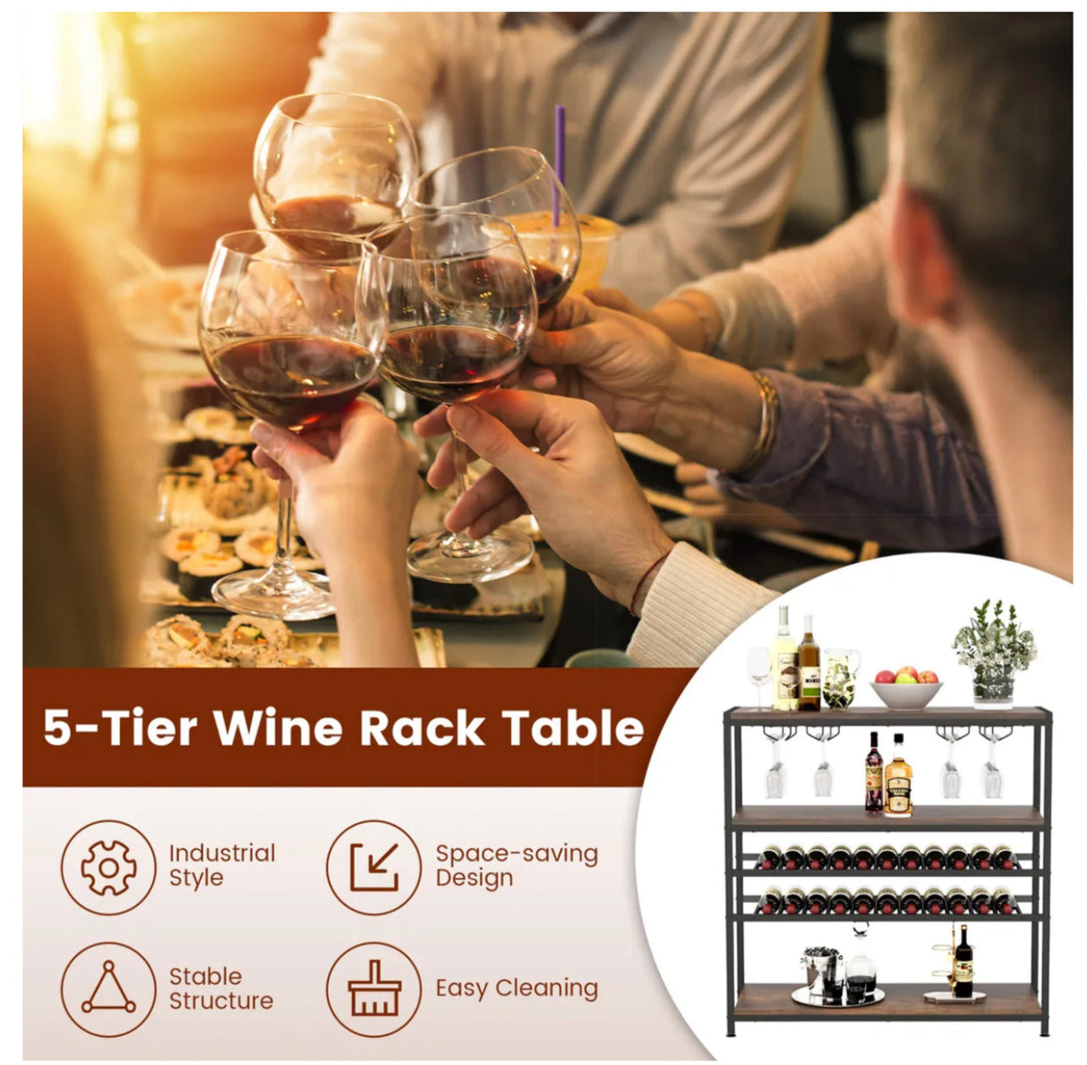 Freestanding Bar Cabinet w/ 2 Wine Racks, Spacious Top & Open Shelves