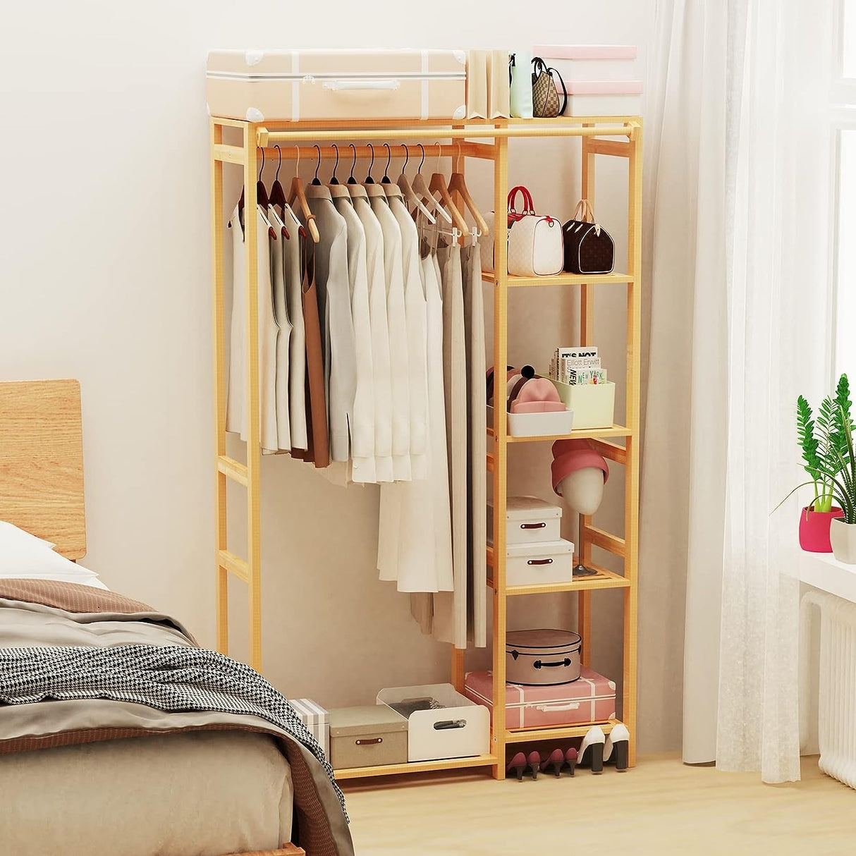 Bamboo Clothes Rail Rack Storage: Bamboo Garment Rack with Shelves Clothing Hanging Stand Wooden Coat Rack Stand Open Wardrobe for Hallway Bedroom Living Room