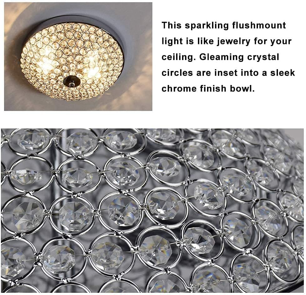 Modern Flush Mount Crystal Ceiling Light, 2-Light Ceiling Lamp Close to Ceiling Light Fixtures for Bedroom, Entryway, Foyer, Hallway, Dining Room, Chrome Finish Bowl Shape Shade E14 Base