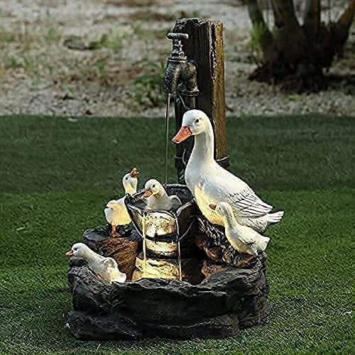 Water Features for the Garden,Animal Garden Statue with Solar Led Lights,Garden & Yard Squirrel Duck Waterfall Fountain,Solar Power Willapa Resin Duck Family Patio Fountain Garden Decoration